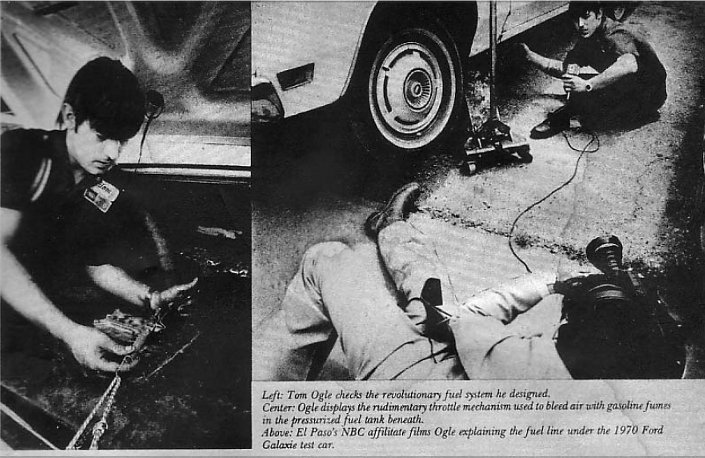 Tom Ogle and news media, inventor of a super carburetor, 100 mpg