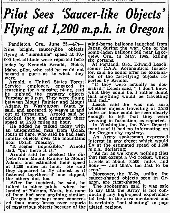 flying saucer: Arnold news 06-25-1947