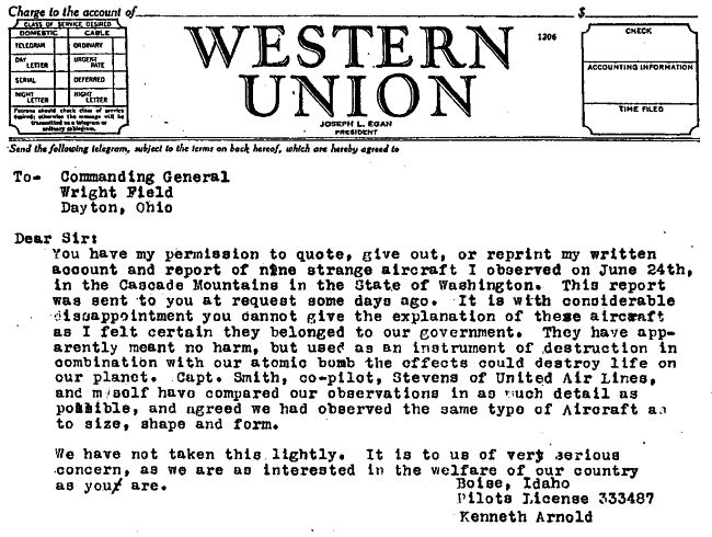 flying saucer: Kenneth Arnold telegram to military